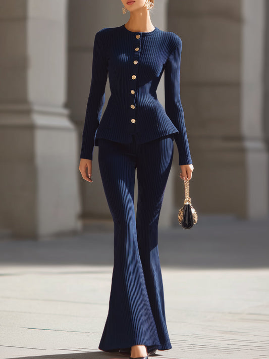 Elegant Navy Ribbed Knit Two-Piece Flared Pant Suit