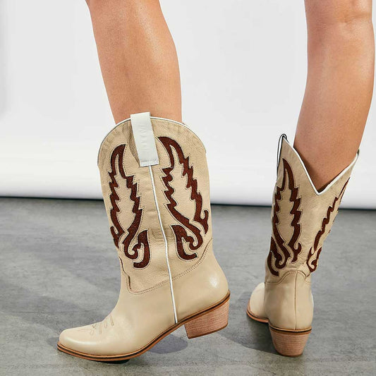 Beige Vegan Leather Pointed Toe Patch-Work Classic Western Boots