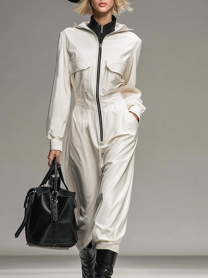 Fashionable And Casual White Lapel Zipper Pocket Faux Leather Long-sleeved Jumpsuit