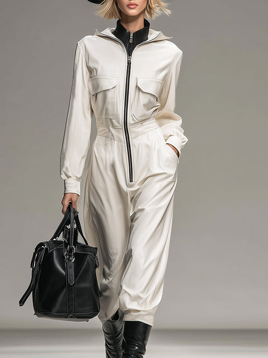 Fashionable And Casual White Lapel Zipper Pocket Faux Leather Long-sleeved Jumpsuit