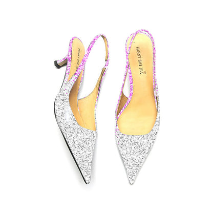 Glitter Pointed Toe Sparkling Silver And Pink Slingback Kitten Heel Pump For Women