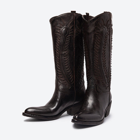 Dark Brown Embroidered Almond Toe Chunky Heel Cowgirl Boots for Women