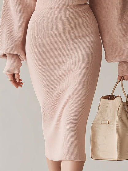 Elegant And Sexy Large Lapel Pink Hip-wrapped Knitted Midi Dress