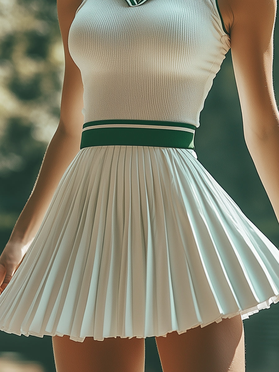 Fashionable Preppy Style White And Green Contrast Striped Sleeveless Mini Dress