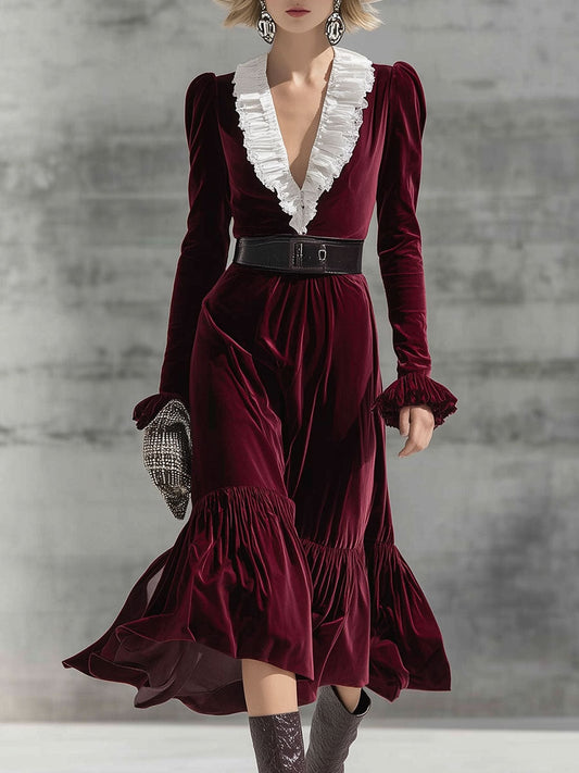 Fashion Retro Burgundy Velvet Midi Dress