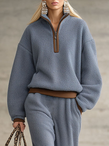 Fashion Retro Brown Trim Blue Polar Fleece Zipper Sweatshirt Pants Set