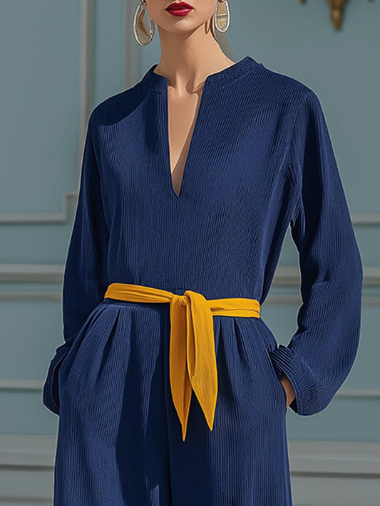 Elegant Wide-Leg Set With Yellow Waist Tie