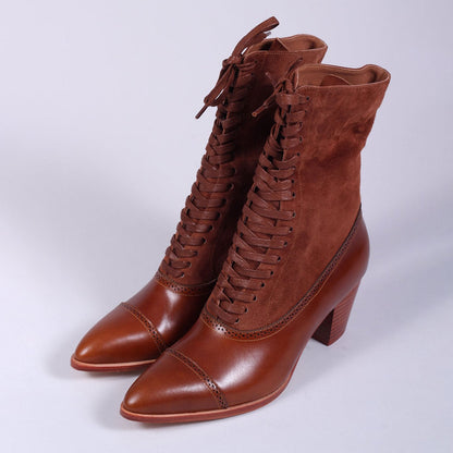 Faux Leather & Vegan Suede Brown Block Heel Pointed Toe Lace-Up Boots