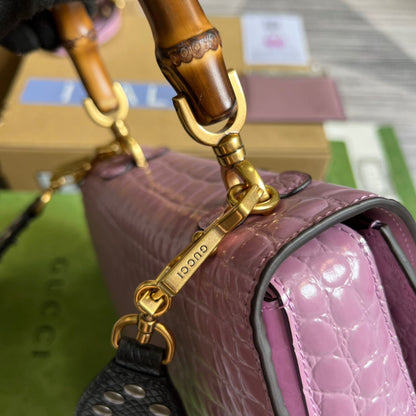 gg Bamboo 1947 Crocodile Top Handle Bag Pink For Women, Women&#8217;s Bags 10.2in/26cm gg