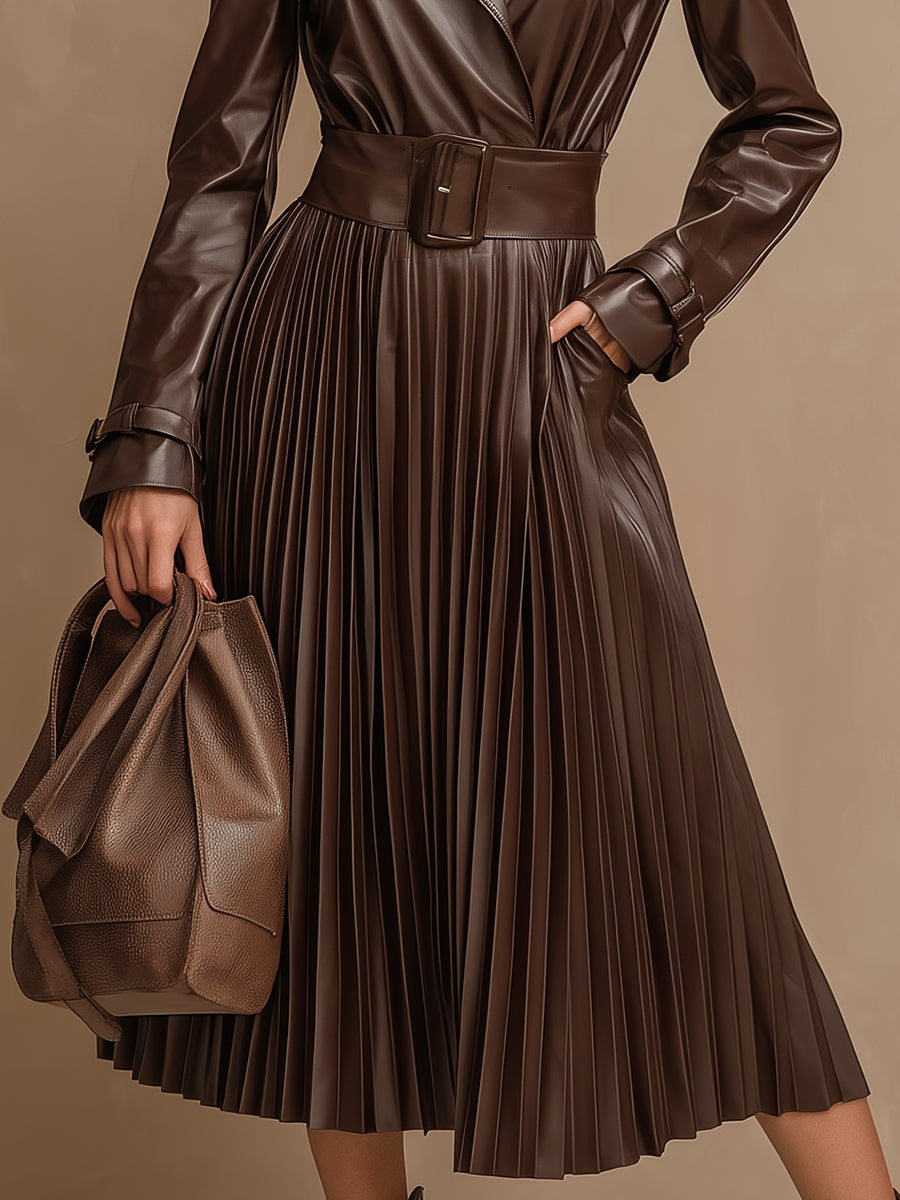 Elegant And Romantic Pleated Skirt Burgundy Faux Leather Midi Dress