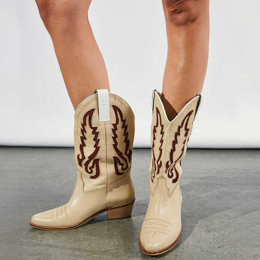Beige Vegan Leather Pointed Toe Patch-Work Classic Western Boots