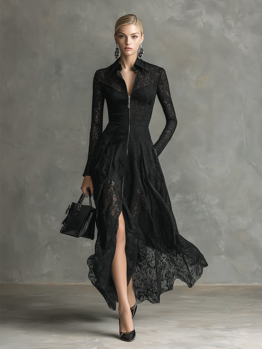 Elegant Luxury Lapel Front Zipper Black Lace Long Sleeve Maxi Dress