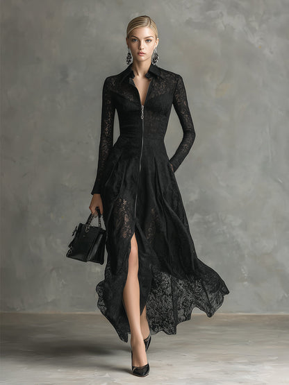 Elegant Luxury Lapel Front Zipper Black Lace Long Sleeve Maxi Dress