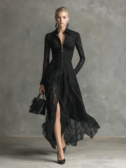 Elegant Luxury Lapel Front Zipper Black Lace Long Sleeve Maxi Dress