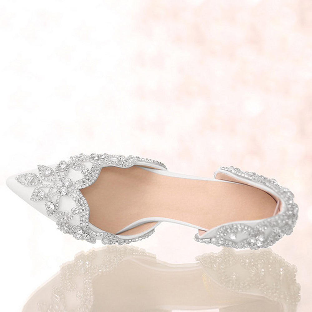 Elegant White Pointed Toe Rhinestone Embellished Wedding Heels