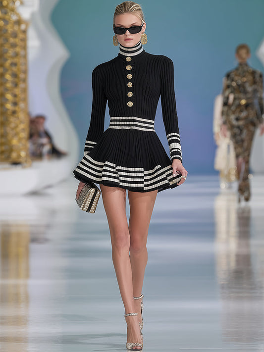 Exquisite And Elegant Gold Buttons Black High-neck Knitted Mini Dress