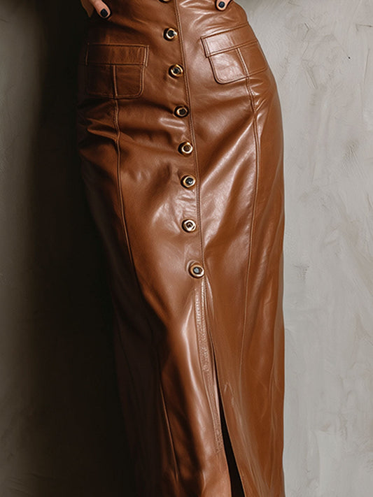 Front Button High-Waisted Brown Eco Leather Midi Skirt  With Pockets