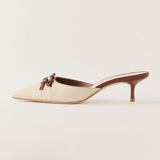Beige Snip Toe Kitten Heel Double Bows Accent Womens Mules Shoes