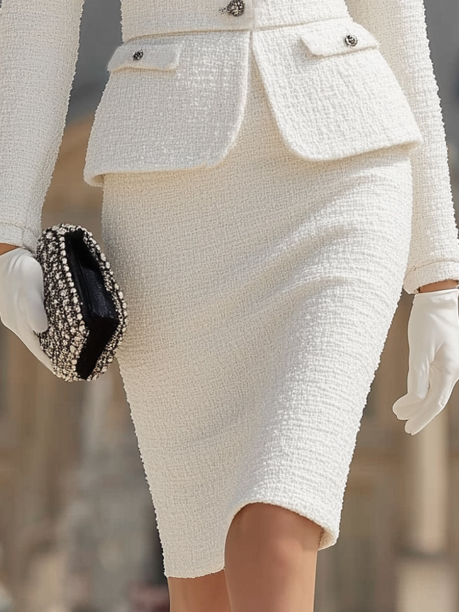 White Tweed Round Neck Button-Down Jacket And Skirt Set