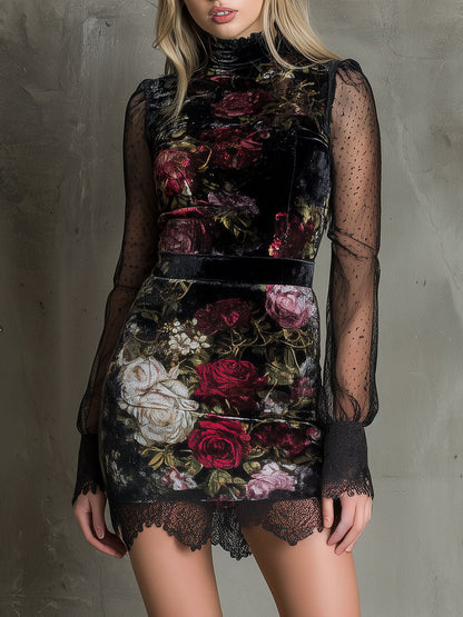 Elegant Sheer Long Sleeves Velvet Floral Mini Dress