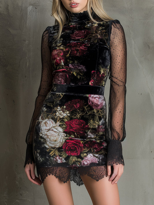 Elegant Sheer Long Sleeves Velvet Floral Mini Dress