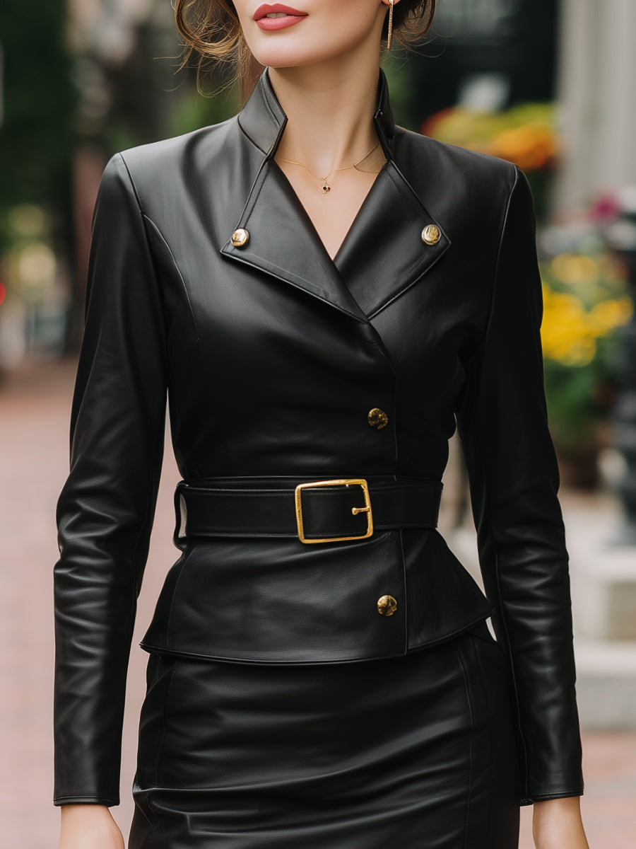 Faux Leather Belted Two-Piece Set