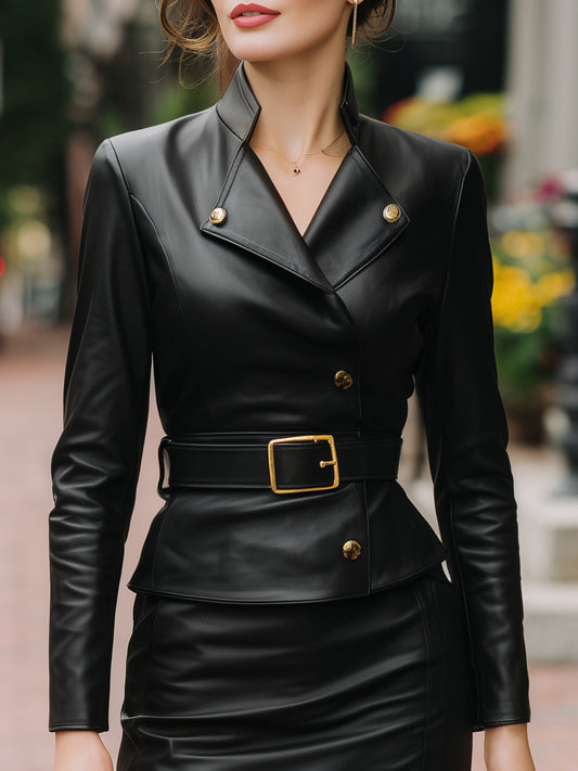 Faux Leather Belted Two-Piece Set