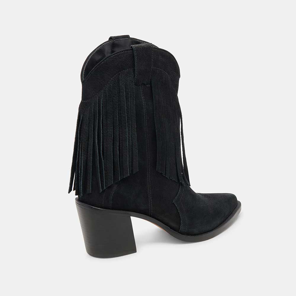 Faux Suede Pointed Toe Embroidered Black Fringe Western Boots
