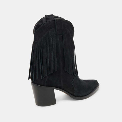 Faux Suede Pointed Toe Embroidered Black Fringe Western Boots