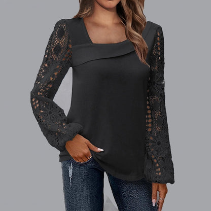 Everyday Hollow Guipure Lace Patchwork Lantern Sleeve Blouse