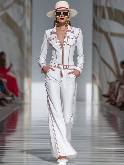 Fashionable And Capable Red Topstitched White Wide-leg Jumpsuit