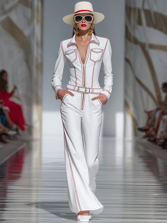 Fashionable And Capable Red Topstitched White Wide-leg Jumpsuit