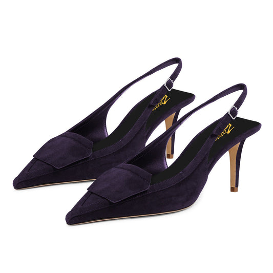 Dark Purple Vegan Suede Slip-On Slingback Heels with Pointed Toe
