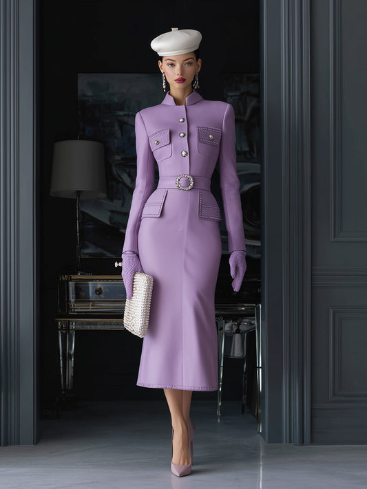 Elegant Purple Tweed  With Button Pockets Maxi Dress