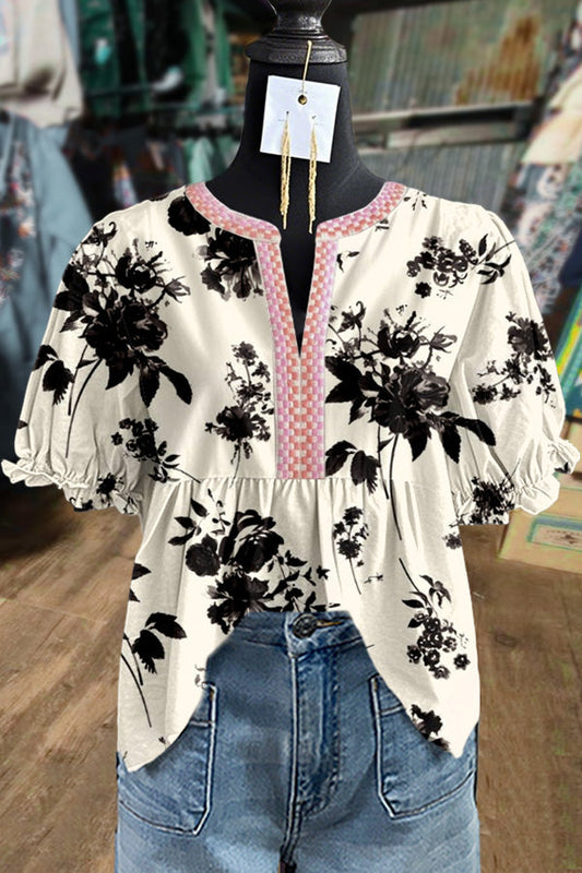 Art Floral Print Embroidered V-Neck Top