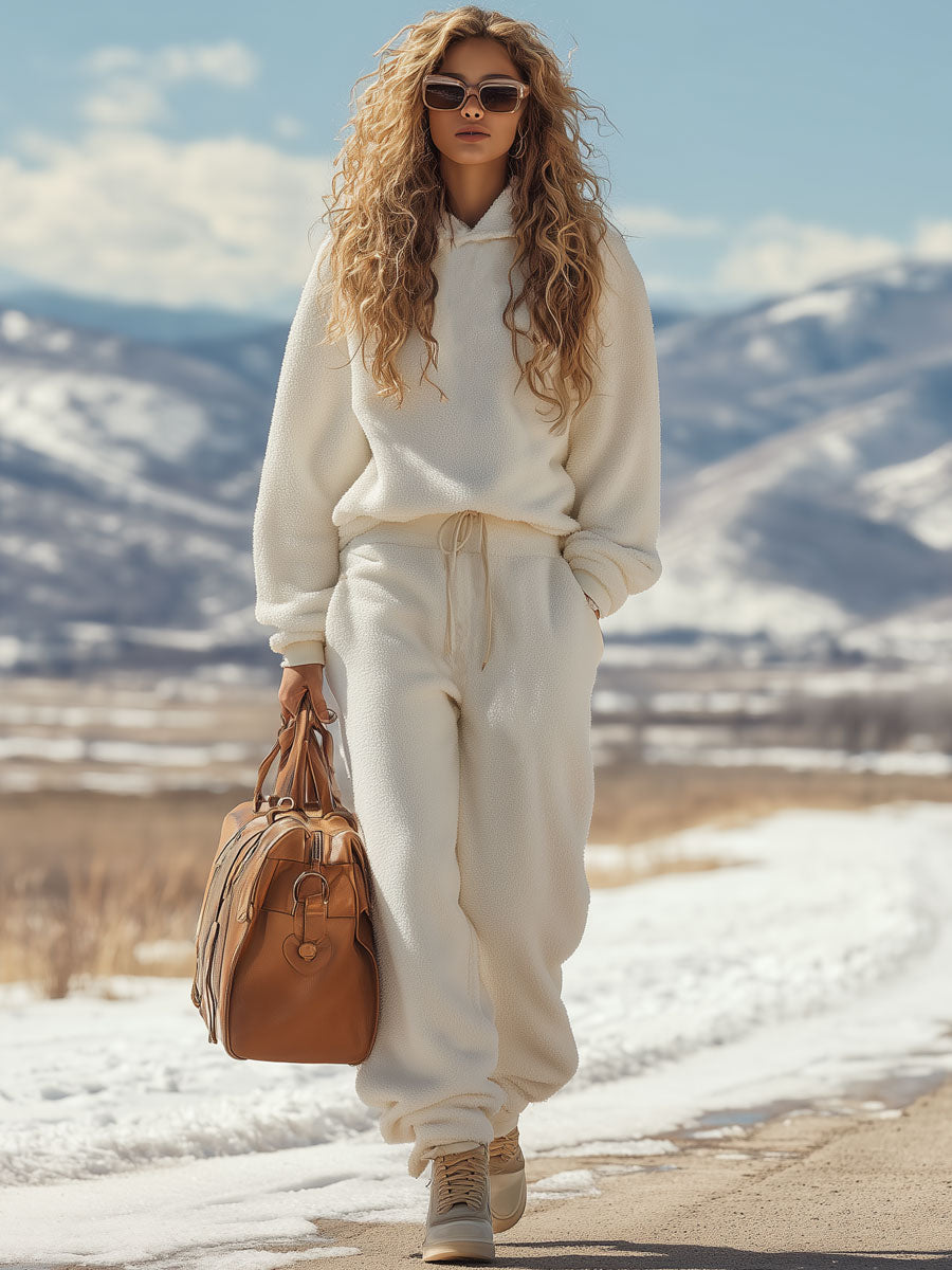 Fashion Retro White Polar Fleece Hoodie Sweatpants Sports Set