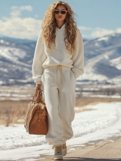 Fashion Retro White Polar Fleece Hoodie Sweatpants Sports Set
