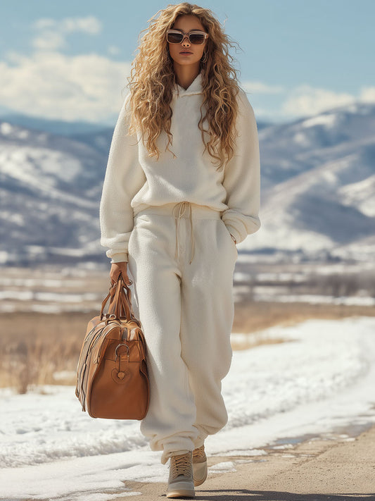 Fashion Retro White Polar Fleece Hoodie Sweatpants Sports Set