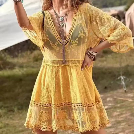 Lace Detail Plunge Cover-Up Dress/Bikini Cover Ups