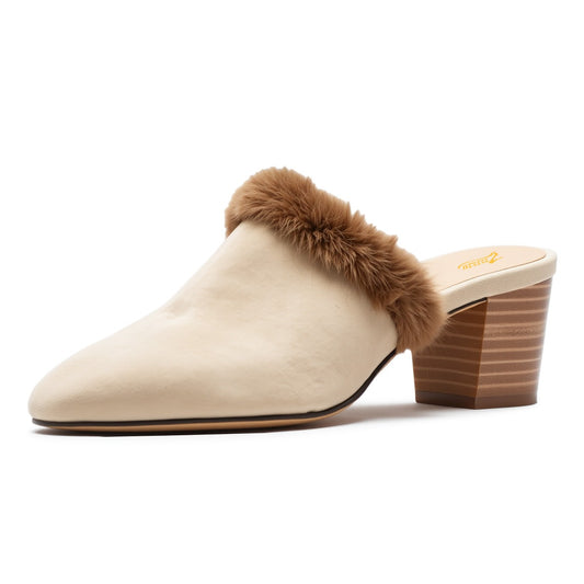 Faux Fur Trim Closed-Toe Block Heel Mule Shoes for Women in Nude