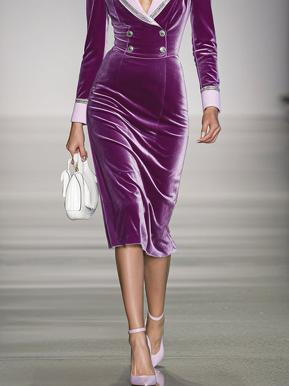 Elegant And Luxurious Double-breasted Pink Lapel Purple Velvet Midi Dress