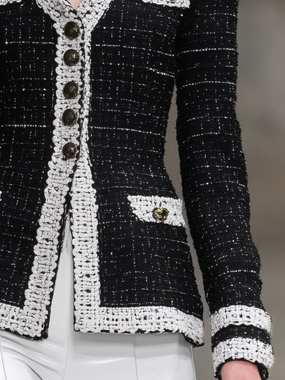 Fashionable Black Tweed Patchwork Ribbon Jacket