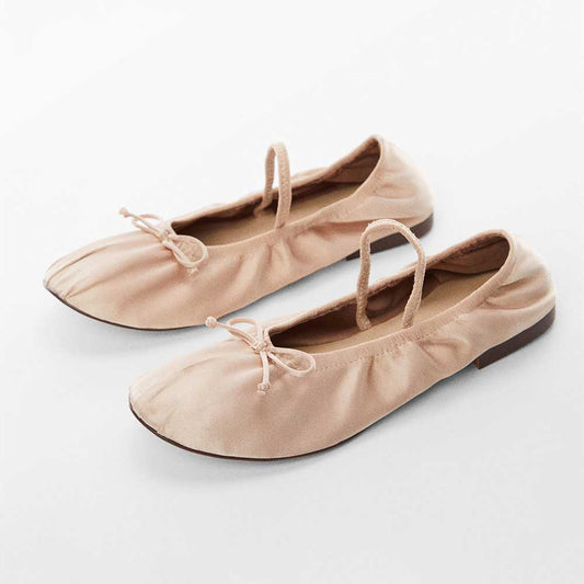 Beige Satin Round Toe Bow-Tie Slip-On Ballet Flat Shoes with Strap