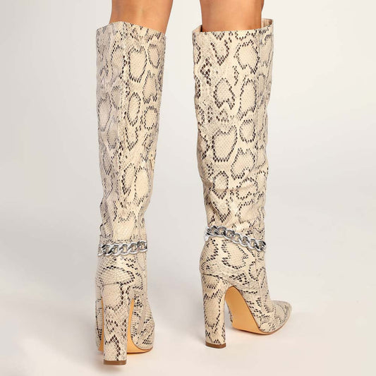 Beige Snake Textured Pointed Toe Wide Calf Tall Boots with Chain