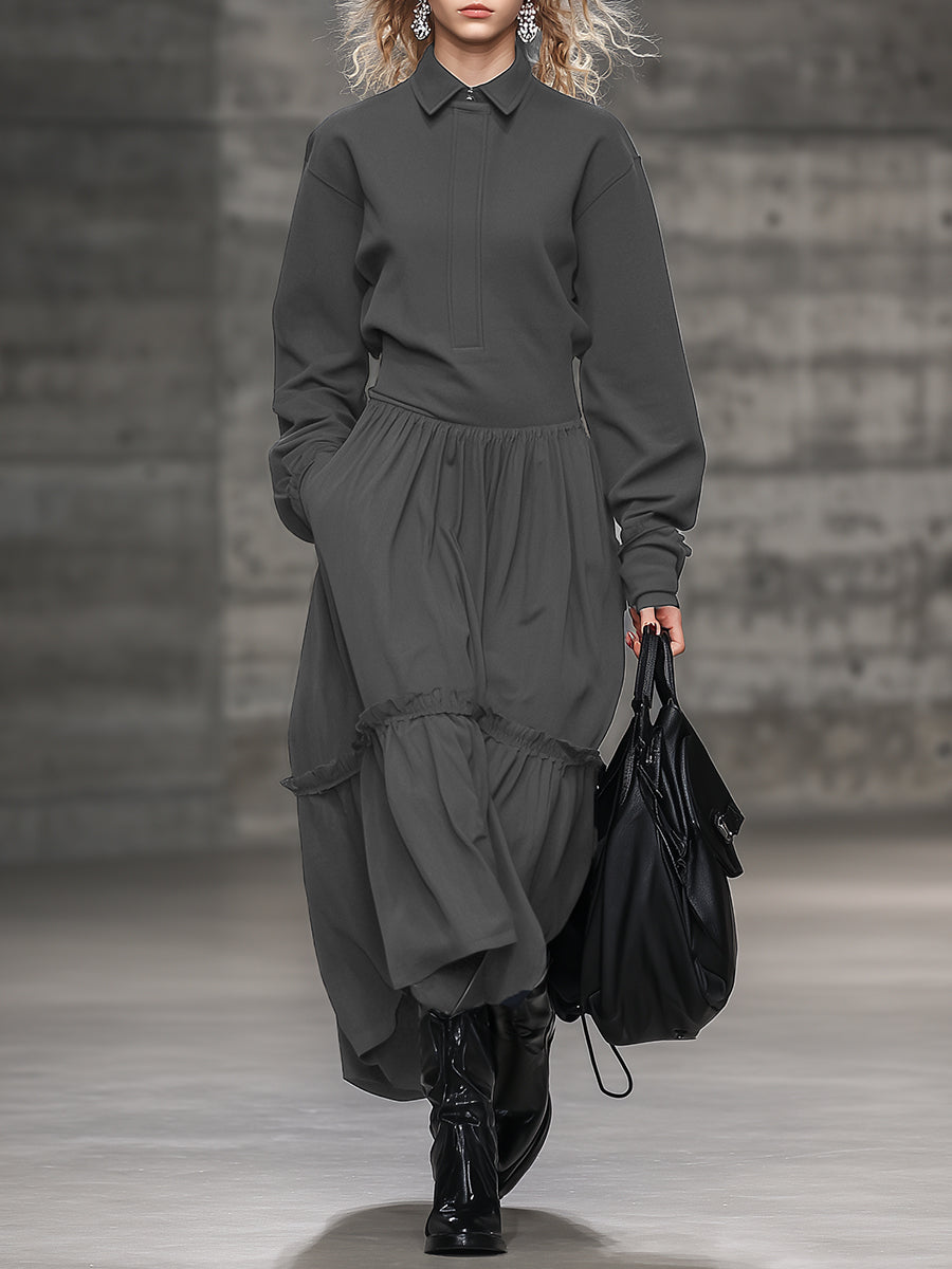 Fashionable Loose Sports Style Ruffle Lapel Gray Maxi Dress