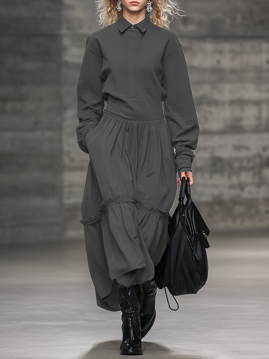 Fashionable Loose Sports Style Ruffle Lapel Gray Maxi Dress