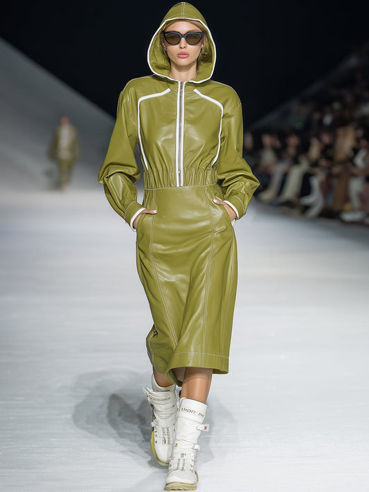 Fashionable Sports Green Faux Leather Hooded Midi Dress