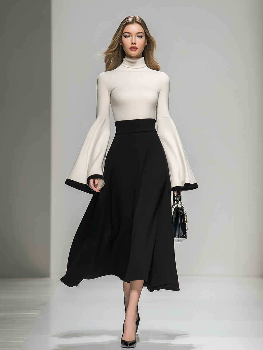 Elegant High-neck Contrast Color Maxi Dress