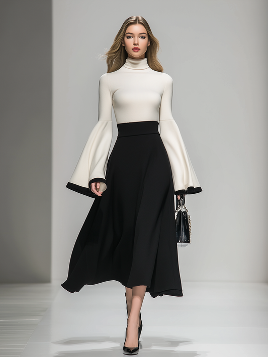 Elegant High-neck Contrast Color Maxi Dress