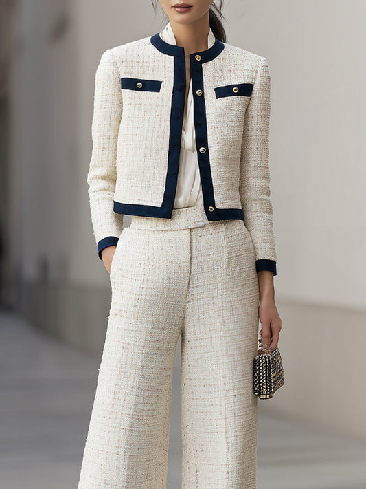 Elegant Two-Tone Tweed Wide-Leg Pantsuit